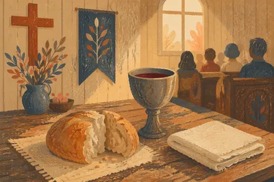 Rustic Communion Table with Bread and Chalice