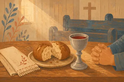 Reverent Communion Table with Bread and Chalice