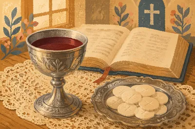 Reverent Communion Table with Chalice and Wafers