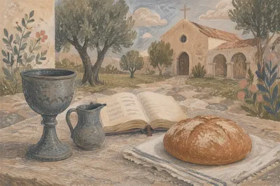 Rustic Communion Table with Bread and Chalice