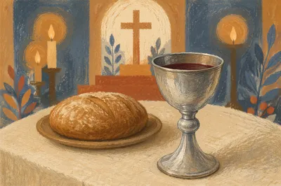 Communion Table with Bread and Silver Chalice