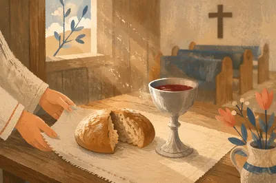 Rustic Communion Table with Bread and Chalice