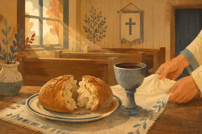 Rustic Communion Table with Bread and Chalice