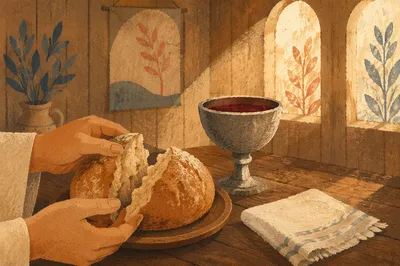Rustic Communion Table with Bread and Chalice