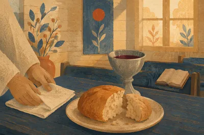 Rustic Communion Table With Bread and Chalice