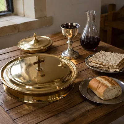 Communion Table with Bread Wine and Chalice