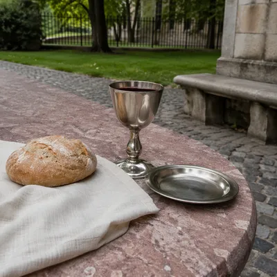 Communion Bread and Chalice in Quiet Courtyard