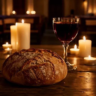 Candlelit Communion Bread and Chalice