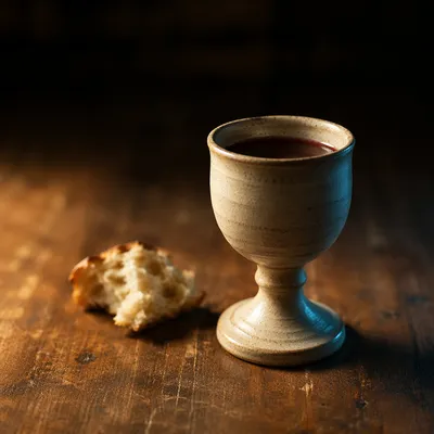 Communion Chalice with Bread on Wooden Table