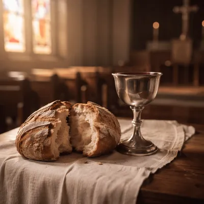 Communion Bread and Chalice in Quiet Chapel
