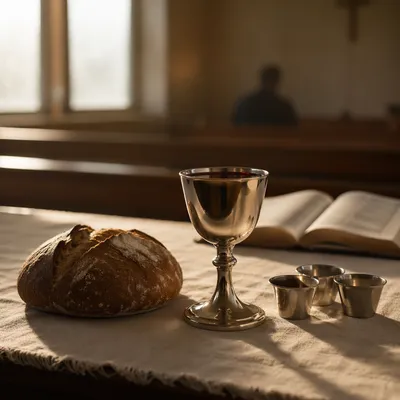 Reverent Communion Table with Bread and Chalice