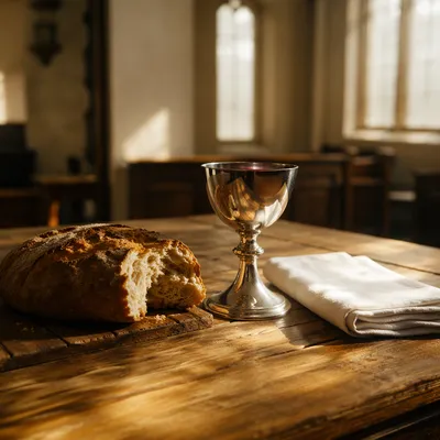 Reverent Communion Table with Bread and Chalice