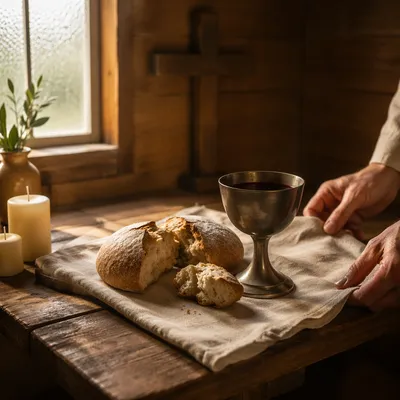 Reverent Communion Table with Bread and Chalice