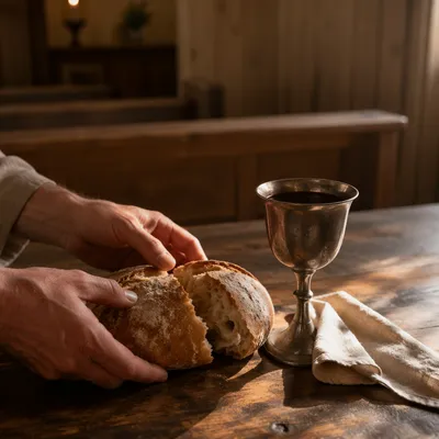 Rustic Communion Table with Bread and Chalice