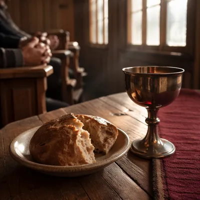 Communion Bread and Chalice in Wooden Chapel