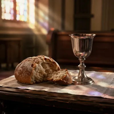 Reverent Communion Table with Bread and Chalice