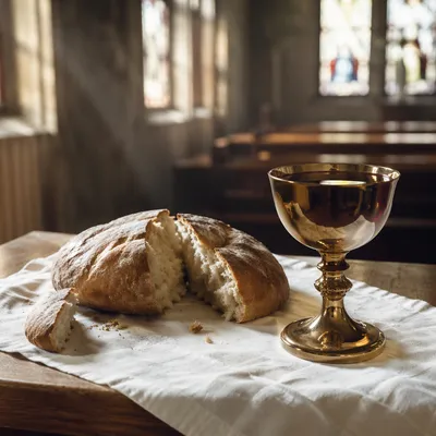 Reverent Communion Table with Bread and Chalice