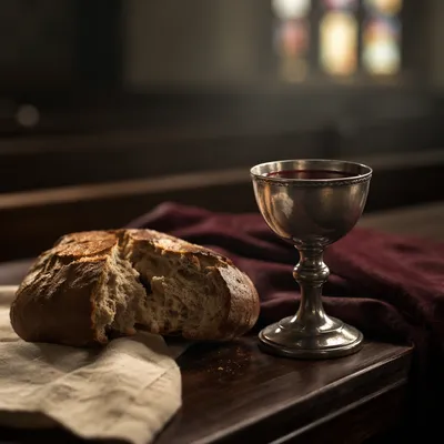 Reverent Communion Table with Bread and Chalice