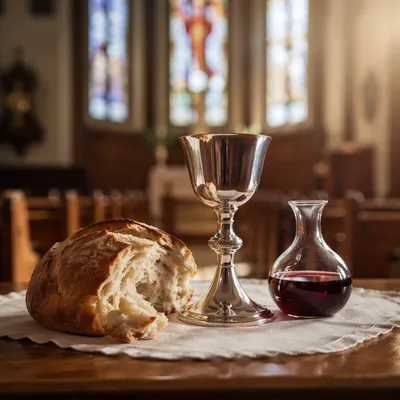Reverent Communion Table with Bread and Chalice