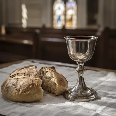 Reverent Communion Table with Bread and Chalice