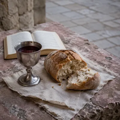 Rustic Communion Bread and Silver Chalice