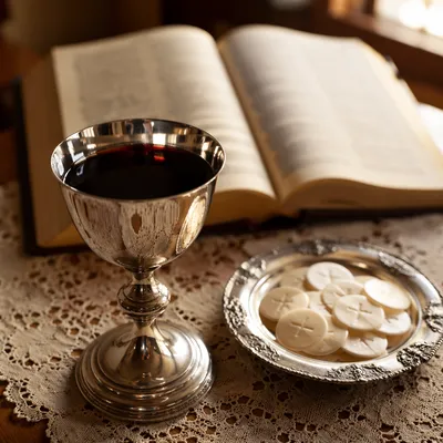 Reverent Communion Table With Chalice and Wafers