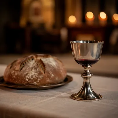 Reverent Communion Table with Bread and Chalice