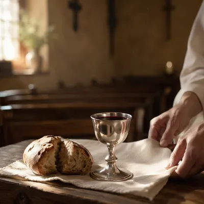 Sacred Communion Table with Bread and Chalice