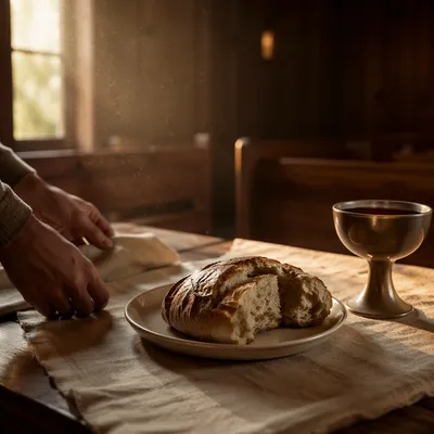 Communion Bread and Chalice in Wooden Chapel