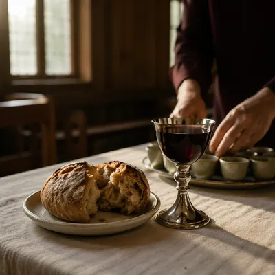 Reverent Communion Table with Bread and Chalice
