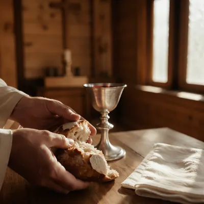 Reverent Communion Table with Bread and Chalice