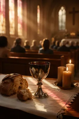 Communion Table with Chalice Bread and Candlelight