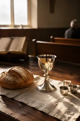 Reverent Communion Table with Bread and Chalice