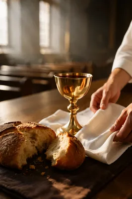 Sacred Communion Table with Bread and Chalice