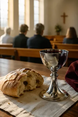 Communion Table with Bread and Silver Chalice