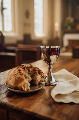 Reverent Communion Table with Bread and Chalice