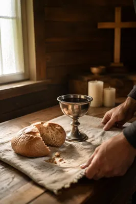 Reverent Communion Table with Bread and Chalice