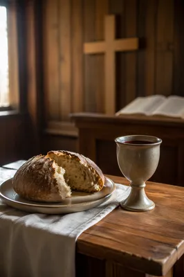 Rustic Communion Table with Bread and Chalice