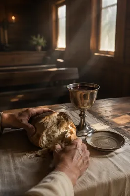 Reverent Communion Table with Bread and Chalice