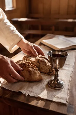 Communion Bread and Chalice in Wooden Chapel