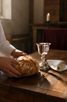 Rustic Communion Table with Bread and Chalice