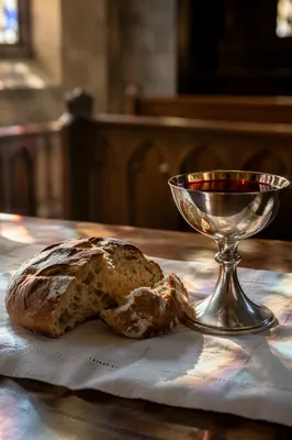 Reverent Communion Table with Bread and Chalice