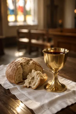 Reverent Communion Table with Bread and Chalice