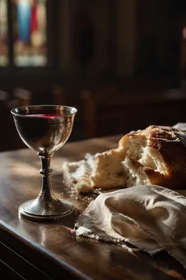 Reverent Communion Table with Bread and Chalice