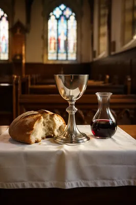 Reverent Communion Table with Bread and Chalice
