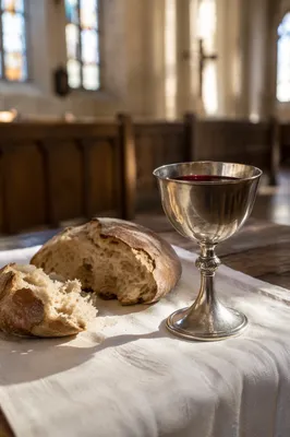 Communion Table with Bread and Silver Chalice