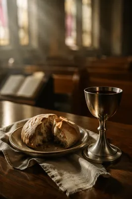 Reverent Communion Table with Bread and Chalice