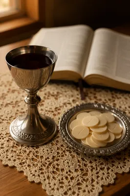 Reverent Communion Table with Chalice and Wafers