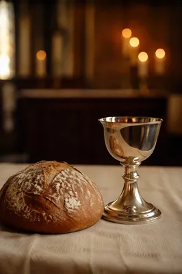 Reverent Communion Table with Bread and Chalice