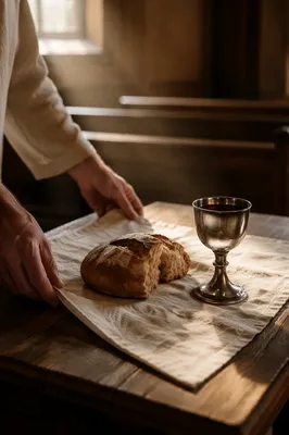 Rustic Communion Table with Bread and Chalice
